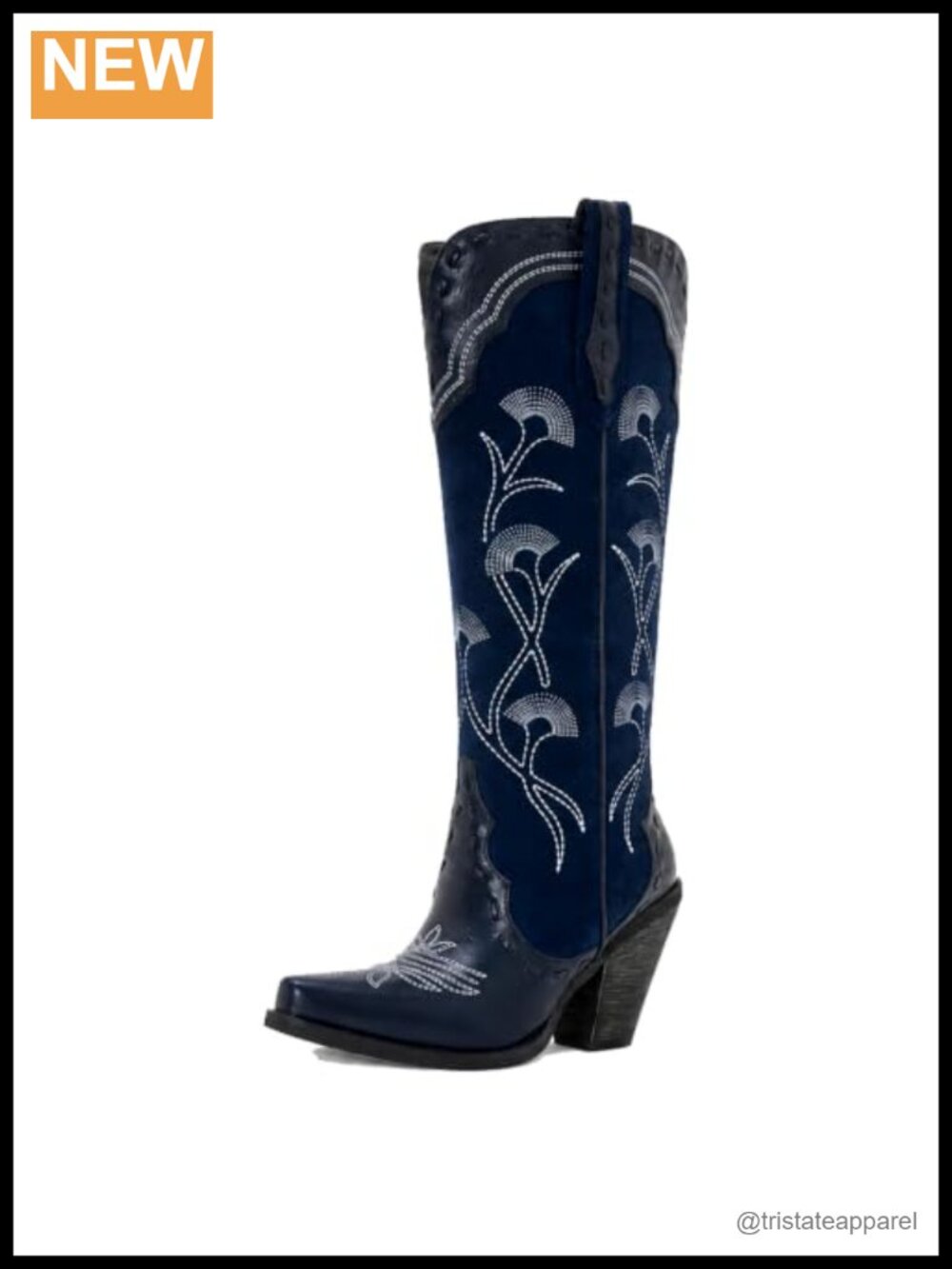 Faux Leather Floral Embroidered Cowgirl Boots Snip Toe 4in Heel Knee High Zip